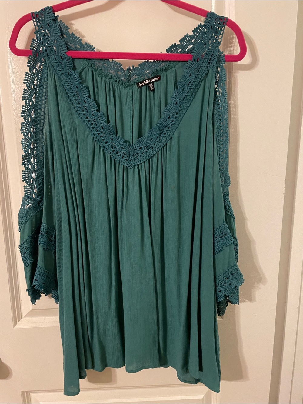 Charlotte Russe Teal Crochet-Trim Cold-Shoulder Tunic